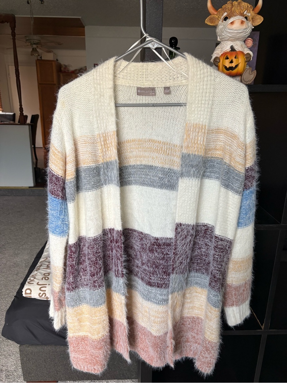 Revolution Cream Open-Front Cardigan with Multi-Color Stripes